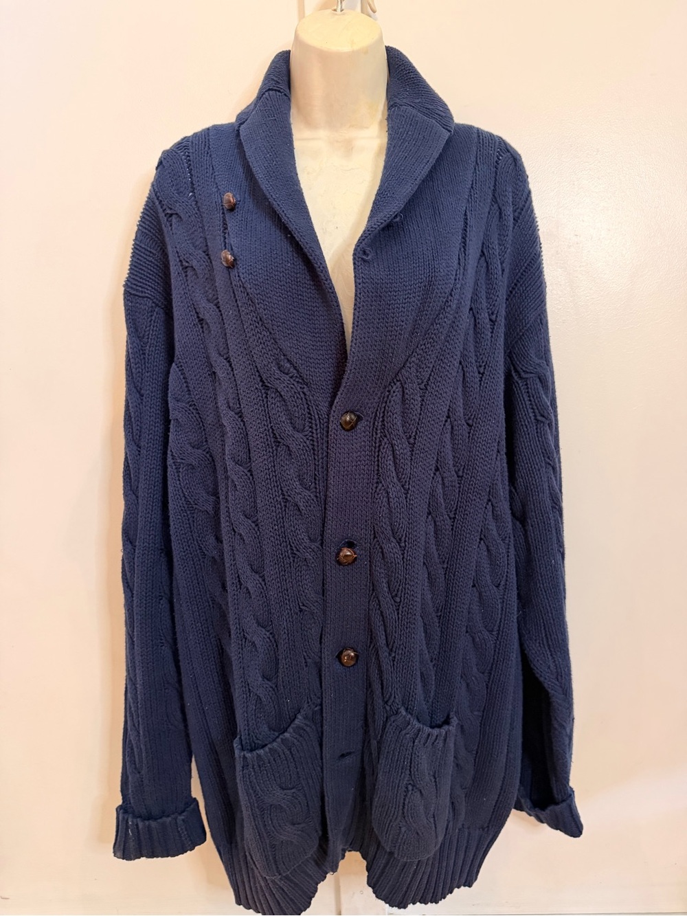 Vintage Ralph Lauren Navy Blue Cable Knit Shawl Collar Cardigan